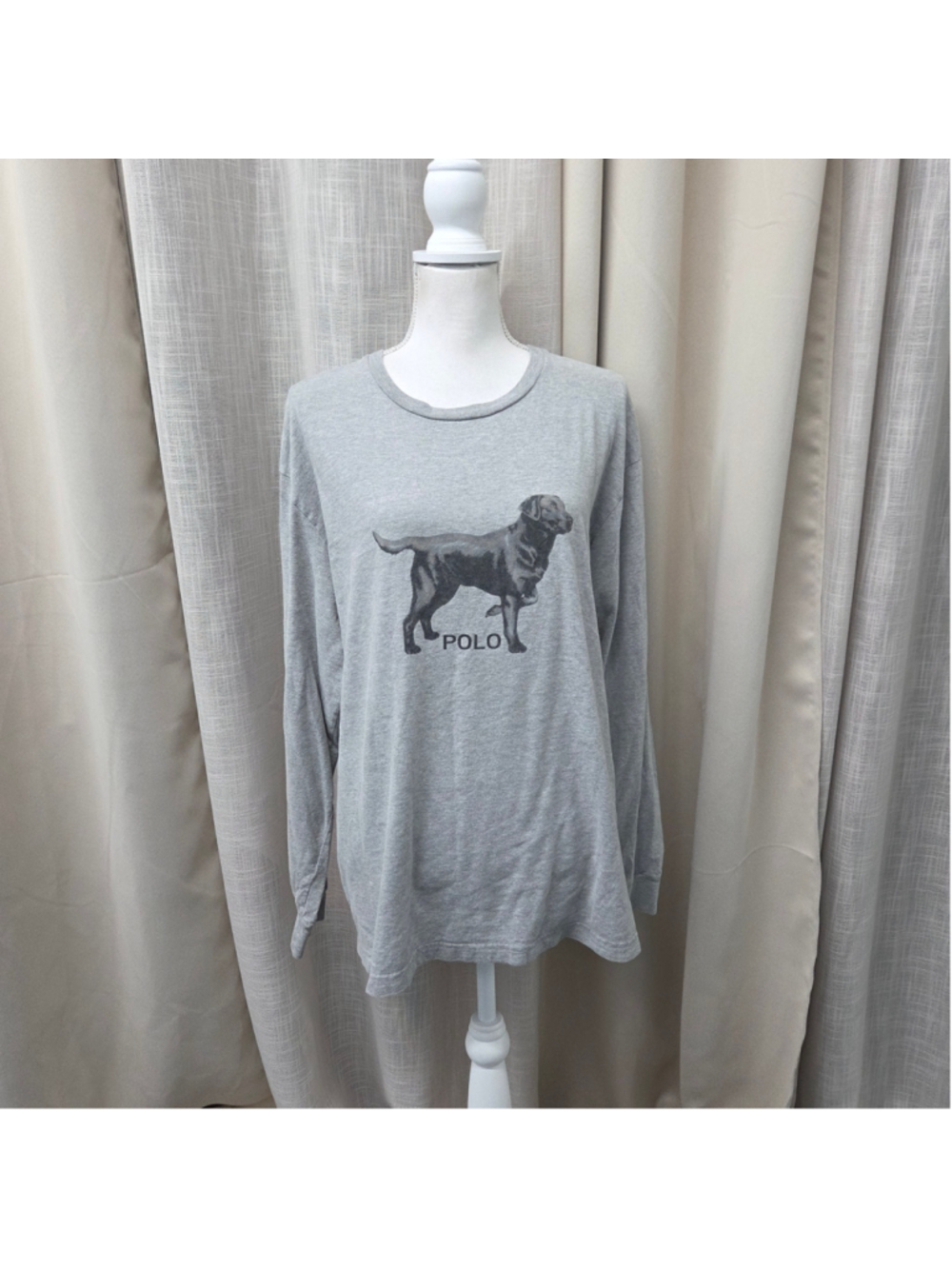 Vintage 90s Polo Sport Ralph Lauren Black Lab Dog Graphic Long Sleeve Tee Gray M
